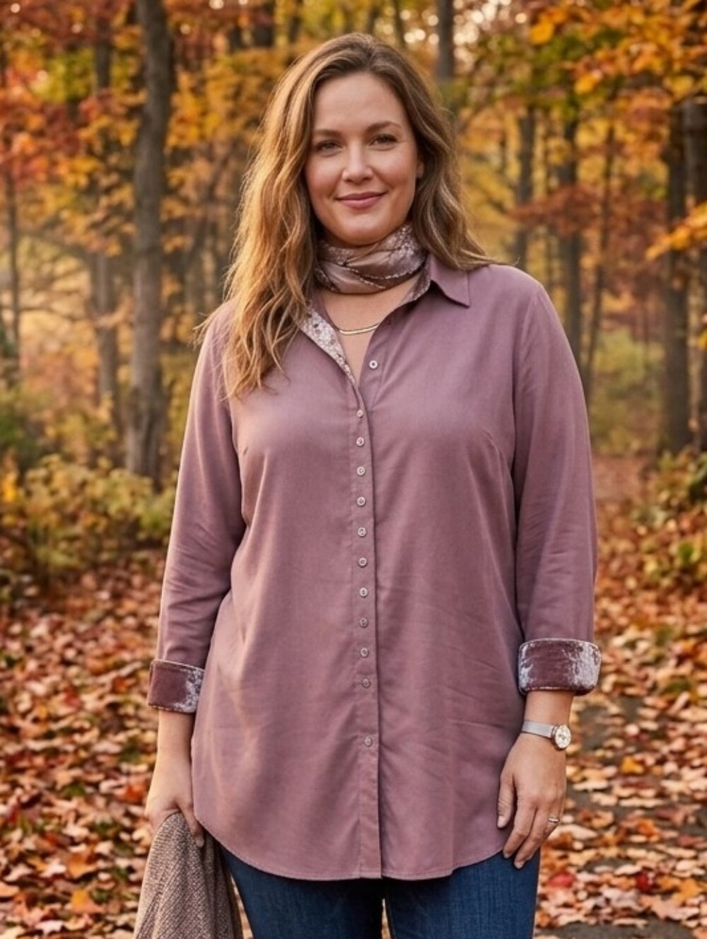 Soft Surroundings Mauve Button-Down Tunic with Contrast Trim